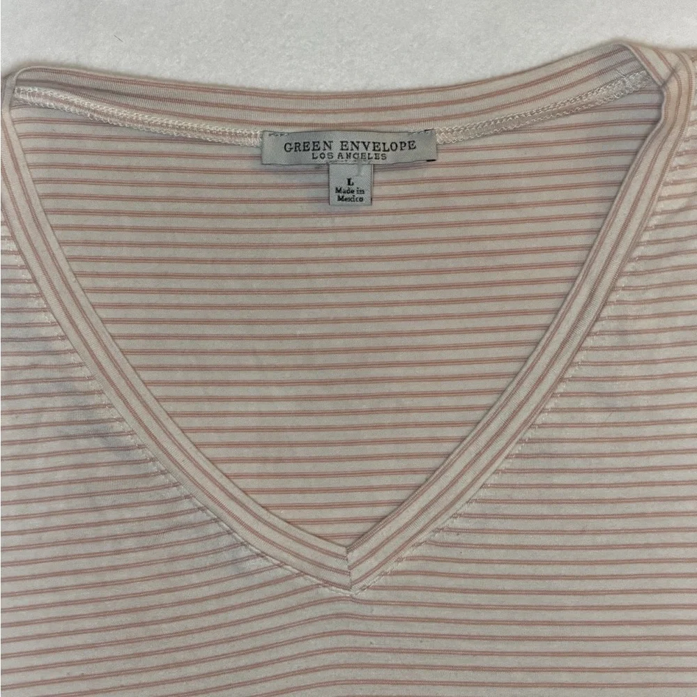 Green Envelope Orange Rust Casual Striped V-Neck Tee- Size Large